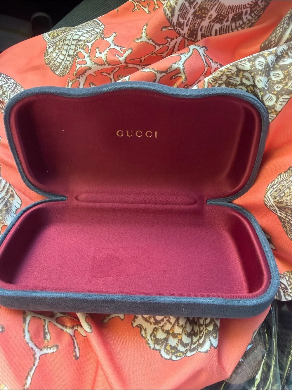Gucci Velvet Eyewear Case in Burgundy with Blue Trim